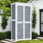 63" Outdoor Wood Storage Cabinet with Double Doors & Slanted Roof, Weatherproof Garden Tool Shed for Patio, Lawn or Backyard
