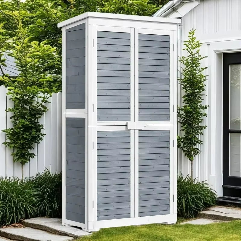 63" Outdoor Wood Storage Cabinet with Double Doors & Slanted Roof, Weatherproof Garden Tool Shed for Patio, Lawn or Backyard