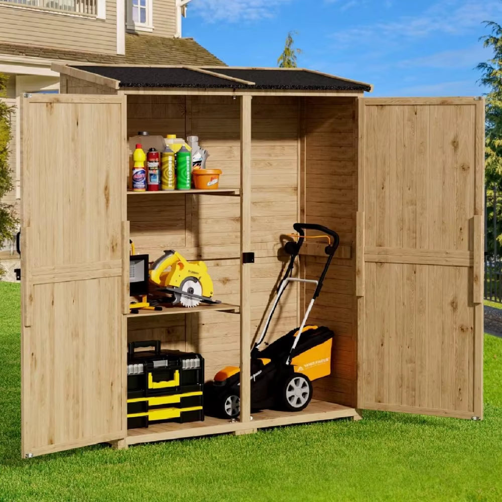 Outdoor Storage Cabinet with Waterproof Roof, Double Lockable Doors Garden Shed with 2 Removable Shelves, Wooden Storage Shed
