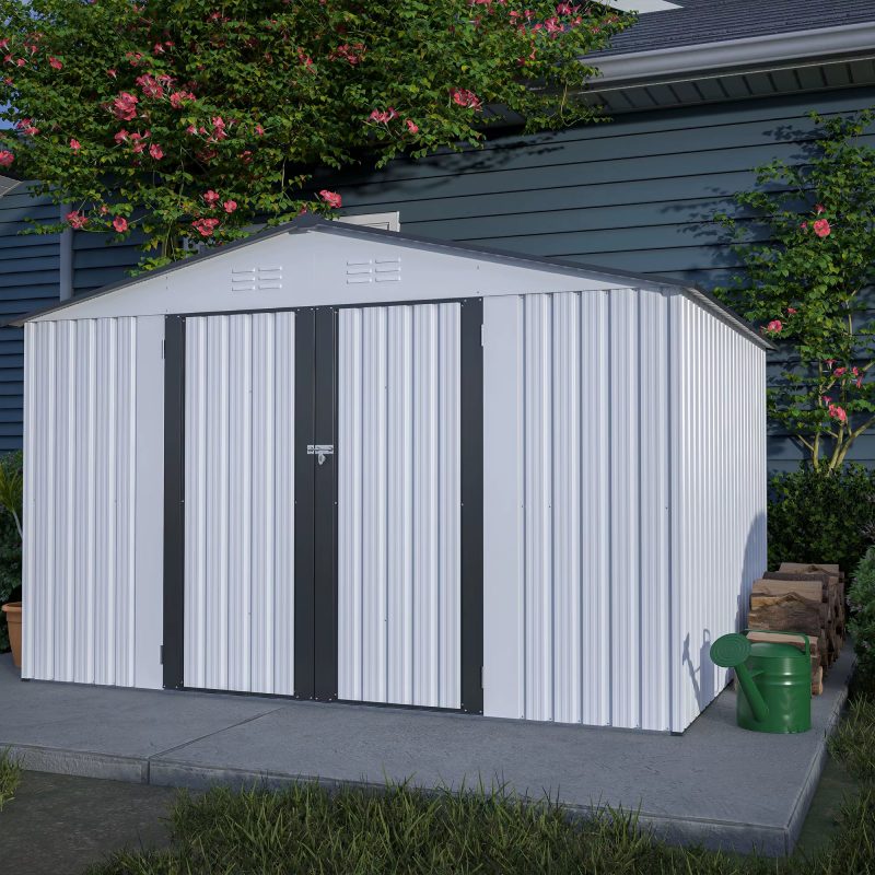 10X8 FT Outdoor Storage Shed, All Weather Metal Sheds with Lockable Doors, Tool Shed for Garden, Patio, Backyard, White