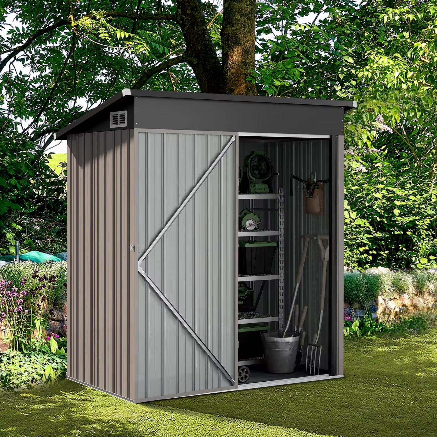 5 X 3 FT Outdoor Storage Shed, Metal Shed for Garden, Backyard, Patio, Brown Tool Room