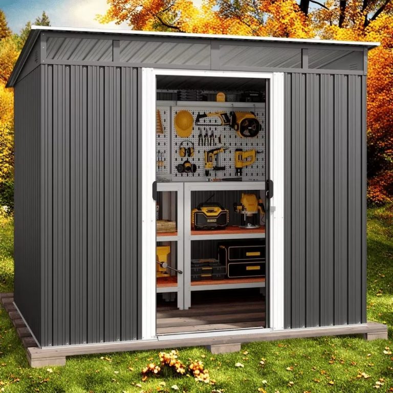 Modern 7.4X5.3Ft Storage Shed with Metal Frame and Sliding Door for Outdoor, Garden & Backyard