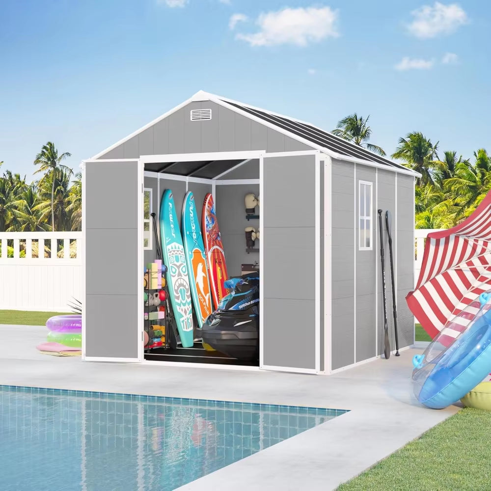 Outdoor Resin Storage Shed, 8X8 FT Plastic Waterproof Storage Sheds with Floor, Window, Lockable Doors and Vents, Garden Shed