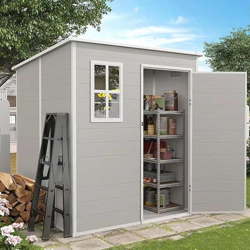 Outdoor Storage Shed, 6X6 FT Resin Shed with Floor and Lockable Door, Window & Vents, Tool Sheds & Outdoor Storage
