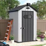 Weatherproof Outdoor Plastic Storage Shed with Floor Air Vents Windows Skylights Lockable Doors Patio 4X4 FT Resin Storage Shed