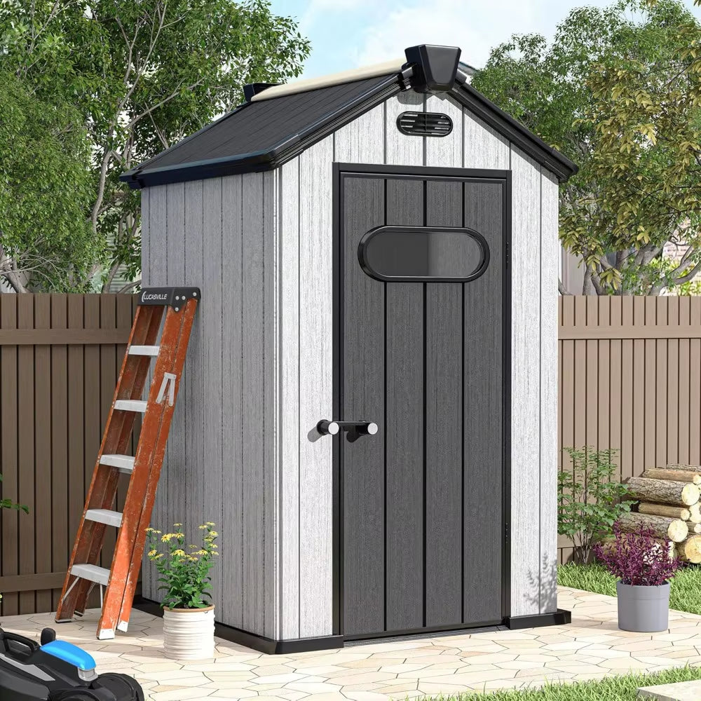 Weatherproof Outdoor Plastic Storage Shed with Floor Air Vents Windows Skylights Lockable Doors Patio 4X4 FT Resin Storage Shed