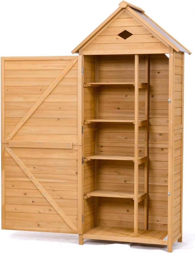 Outdoor Storage Shed for Garden Tools, Wooden Patio Shed with Gable Roof and Metal Latches
