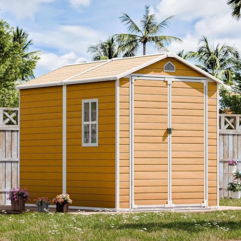 Outdoor Resin Storage Shed with Floor Inlcuded Wood Color Plastic Sheds for Garden Backyard Patio Lawn Tools Waterproof House
