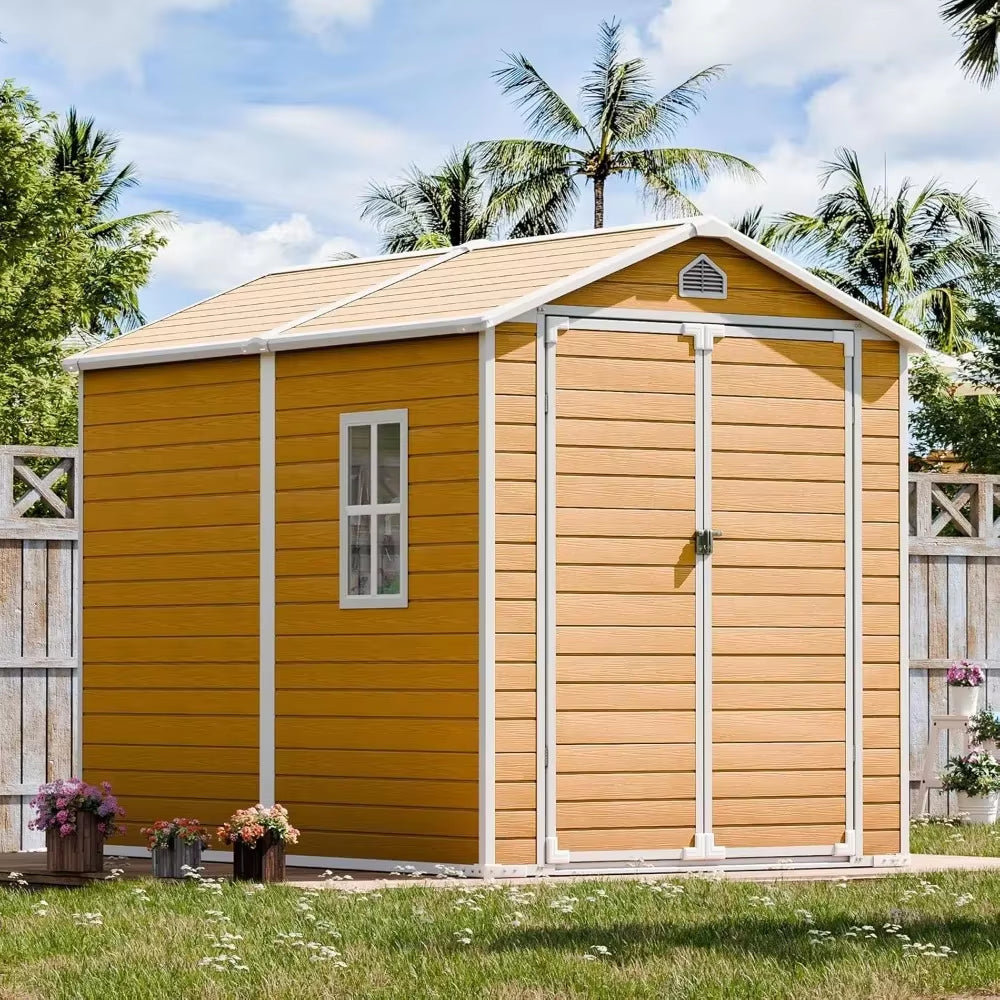 Outdoor Resin Storage Shed with Floor Inlcuded Wood Color Plastic Sheds for Garden Backyard Patio Lawn Tools Waterproof House