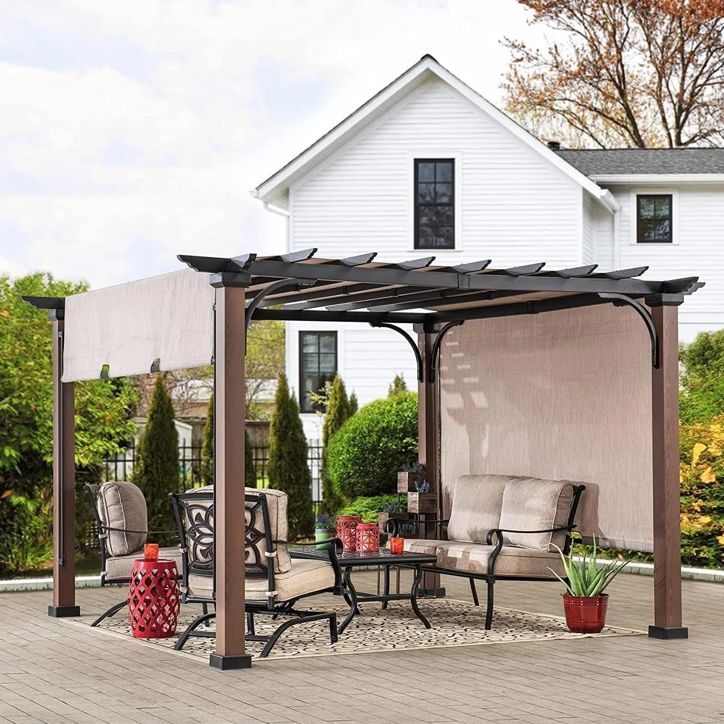Sunjoy 11 x 11 ft Metal Pergola with Adjustable Tan Garden Shades Sunjoy 11 x 11 ft Metal Pergola with Adjustable Tan Garden Shades