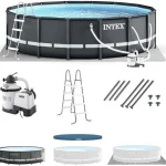 Intex Ultra XTR Frame 14′ x 42″ Round Above Ground Outdoor Swimming Pool Set with Sand Filter Pump, Ladder, Ground Cloth, and Pool Covers